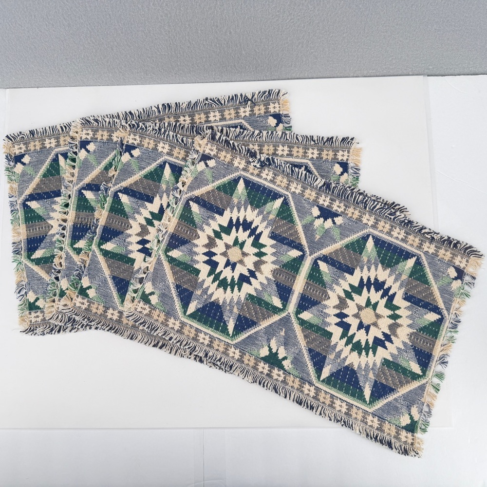 Furio Home Americana Alpine Placemats Set 4 Tapestry Fringe Country Star Blue